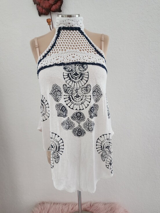 Free People Tops - FREE PEOPLE | White Crochet Halter Tank Top with Navy Print